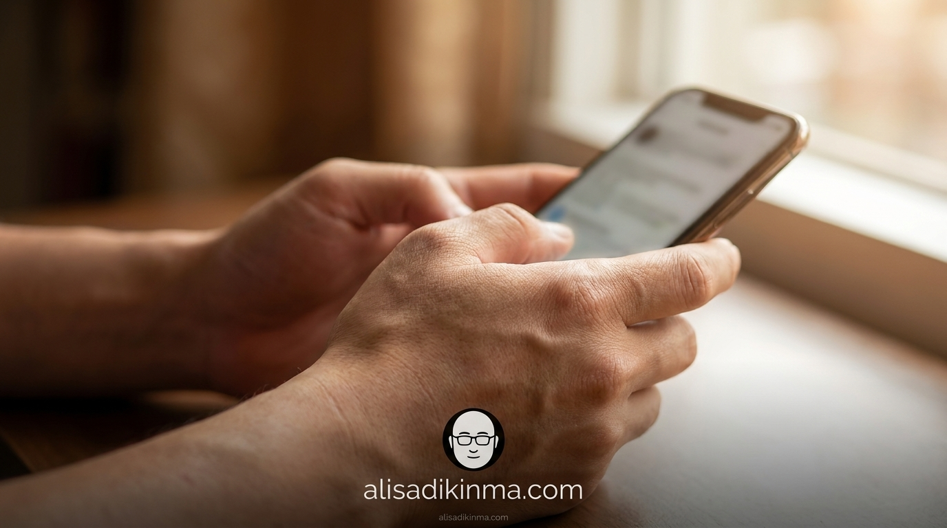 Close-up of a person\'s hands holding a phone in soft natural light, thoughtful and introspective posture. Calm, safe, and personal mood — humanizing the AI safety message.