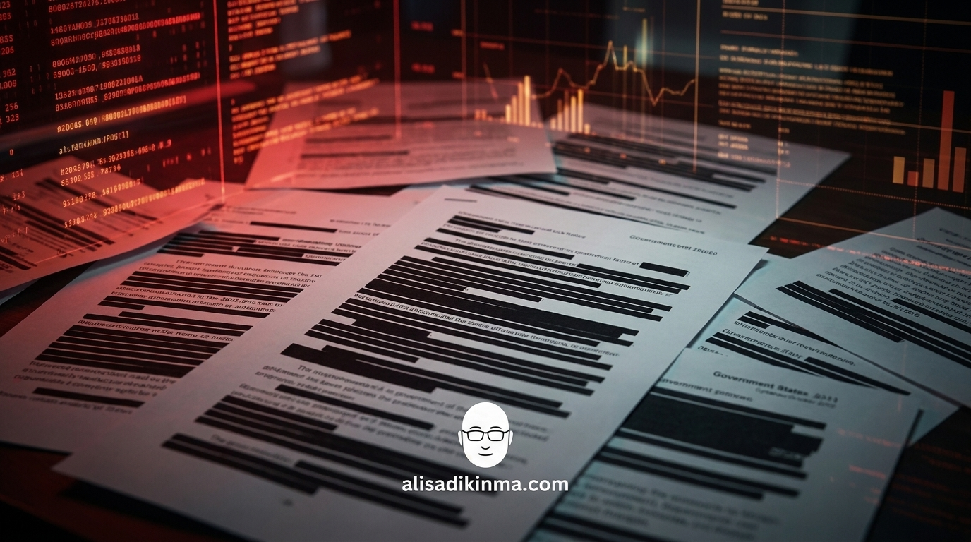 Investigative data visualization — redacted documents, dark digital data streams, amber and red warning color palette — communicates scale of harm and institutional investigation
