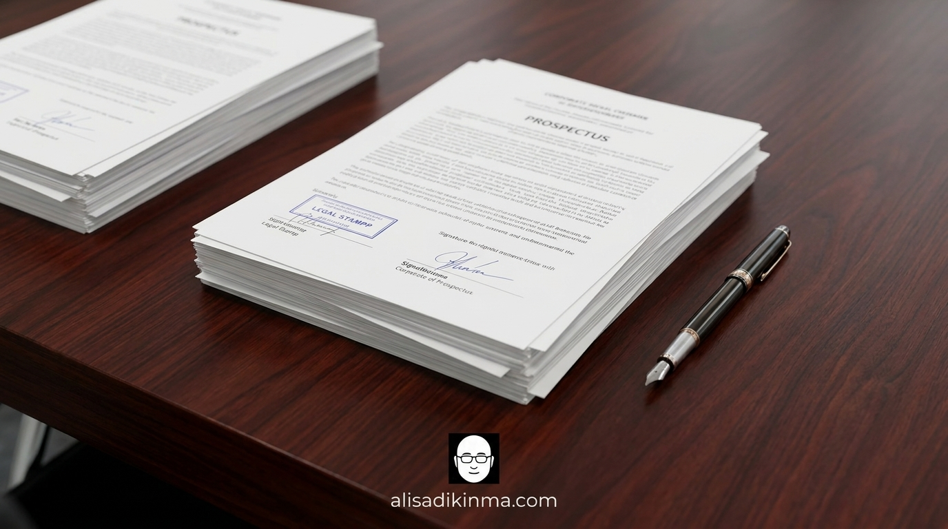 Corporate legal filing and IPO prospectus aesthetic — official stamped papers on boardroom desk — communicates financial and legal gravity of SpaceX S-1 disclosure