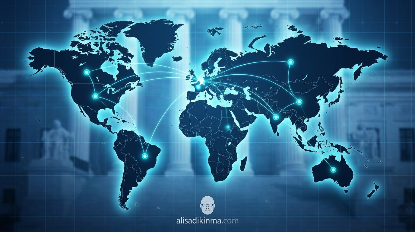 Global regulatory governance — world map with jurisdiction highlight nodes for Netherlands, USA, Canada, UK, Brazil, France — cool blue authority palette signaling coordinated enforcement