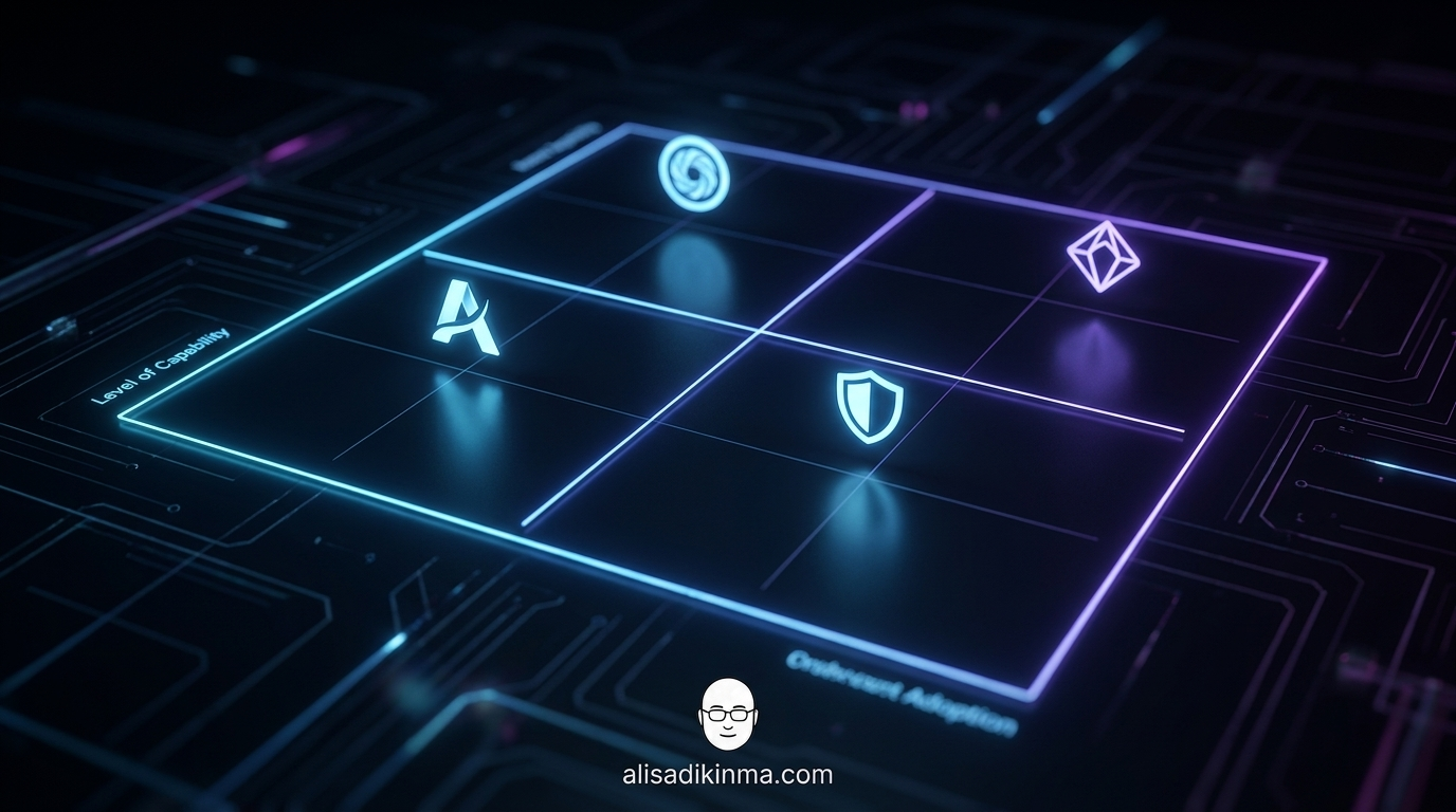 AI coding market competitive landscape — dark-mode visual positioning GitHub Copilot, Cursor, Claude Code, and xAI Grok by capability versus adoption axes — showing market consolidation