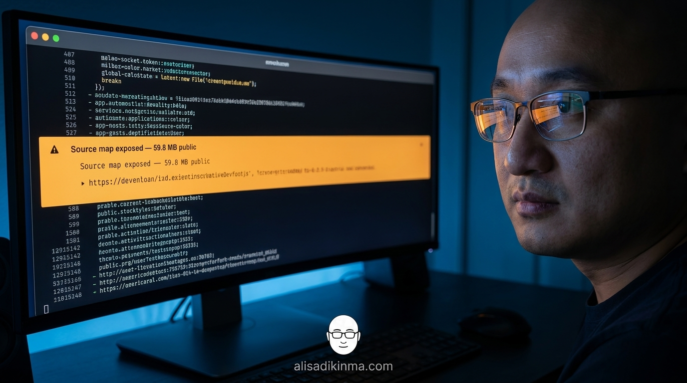 Developer\'s terminal screen revealing a massive exposed source map file inside an npm package — the accidental leak moment frozen in a single frame