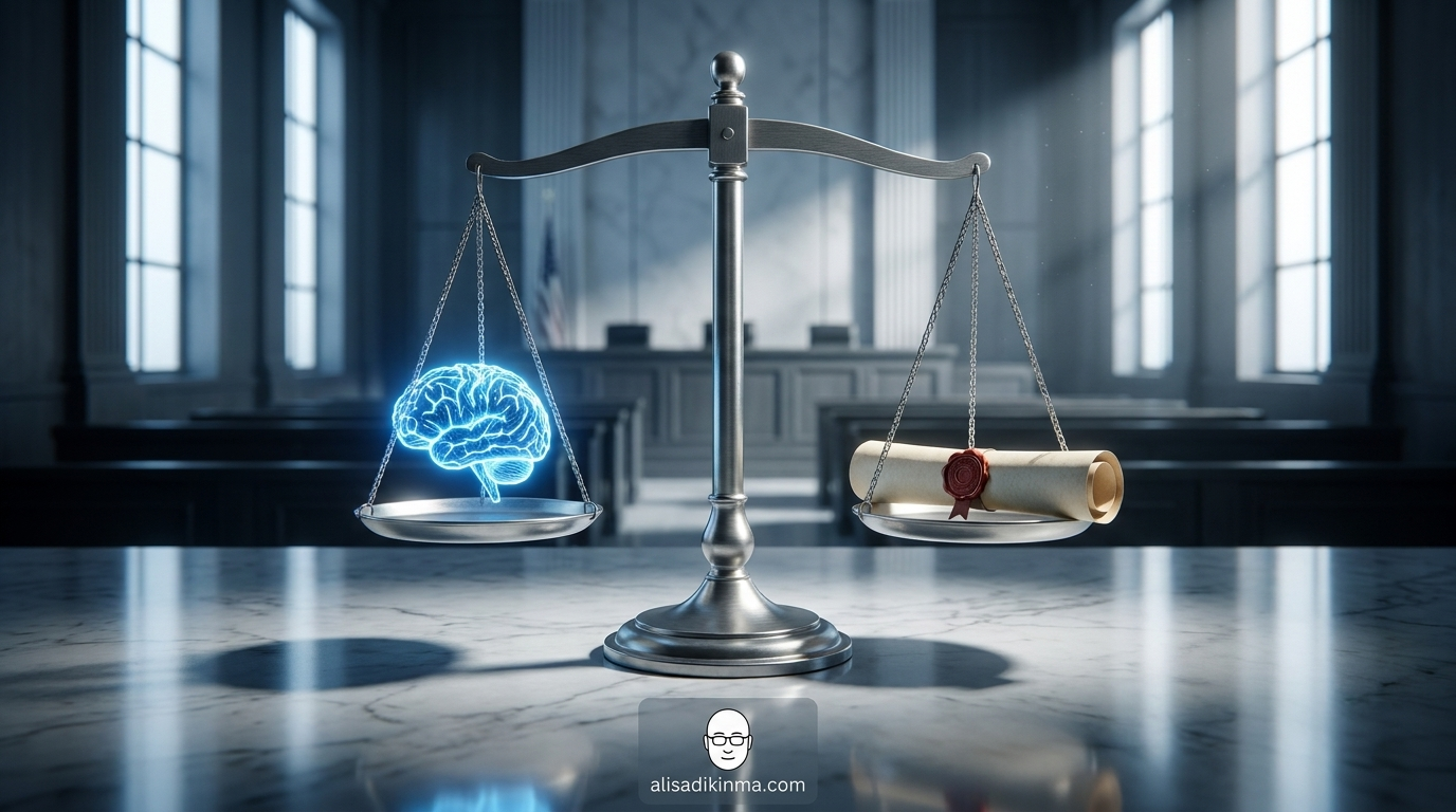 Balance scale in a minimalist modern courtroom — AI neural network symbol against a copyright certificate — visualizing the unresolved tension between AI authorship and legal protection