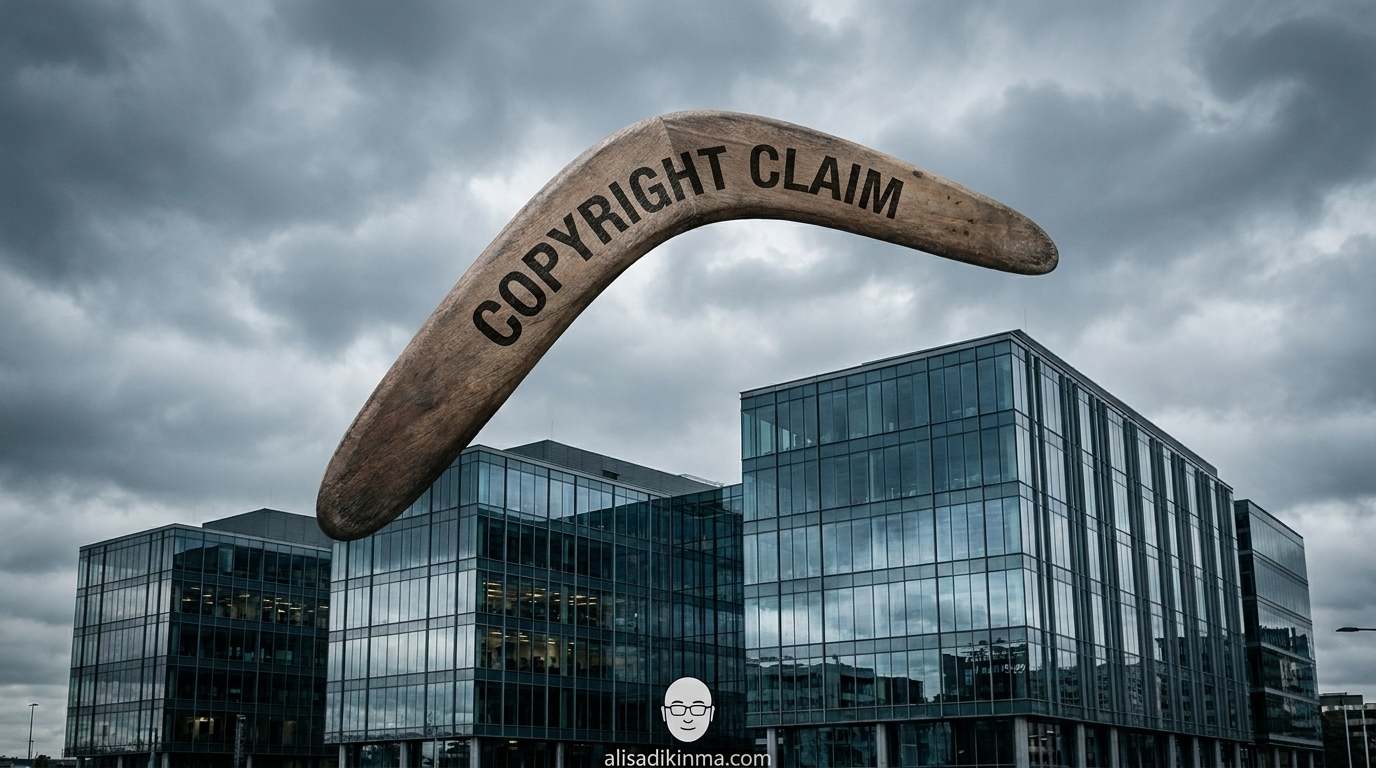 A boomerang labeled \'copyright claim\' in mid-arc, flying back toward a glass-and-steel tech company headquarters — the irony of AI industry arguments reversed