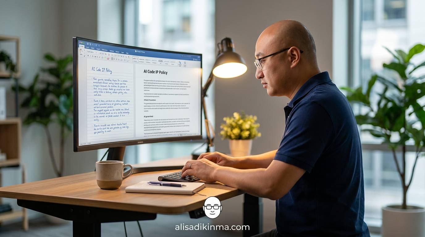 Developer at a modern workstation reviewing an \'AI Code IP Policy\' document — one half handwritten, one half AI-generated text — representing the human authorship threshold at the center of the legal debate