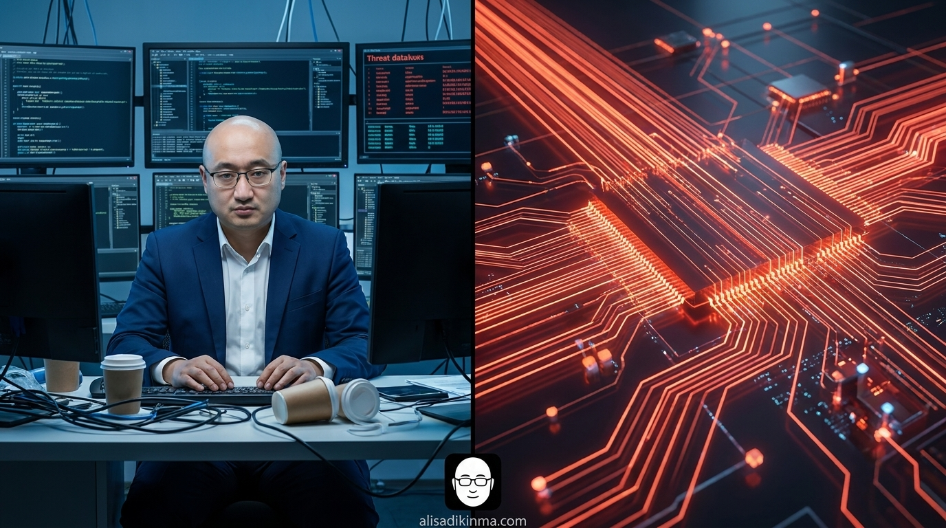 Asymmetric warfare — lone human cybersecurity analyst on the left versus infinite automated AI processing streams on the right. Clean cinematic split composition. No text in image.
