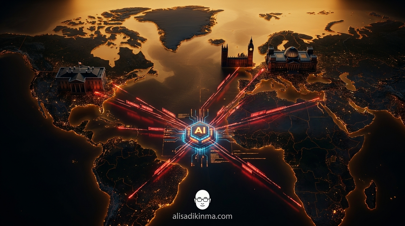 World map with iconic government buildings connected by red digital threat lines converging at a central AI node. Cinematic overhead perspective. No text in image.