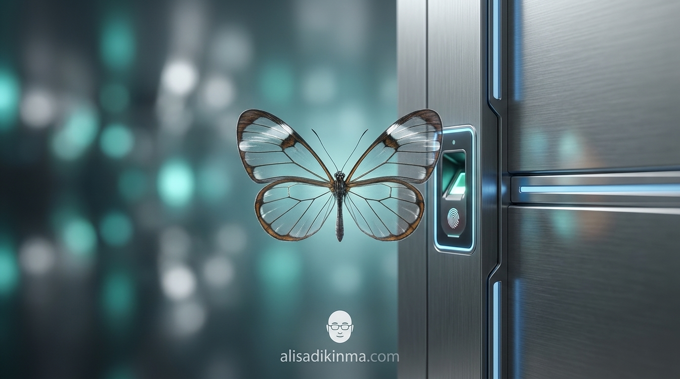 Glasswing butterfly with translucent wings hovering before a digital secure vault — subtle abstract light points suggest the six partner companies. Cinematic depth-of-field. No text.