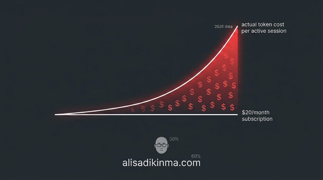 Clean data visualization infographic showing the growing gap between flat-rate subscription cost () and actual token consumption cost, with a widening gap line chart