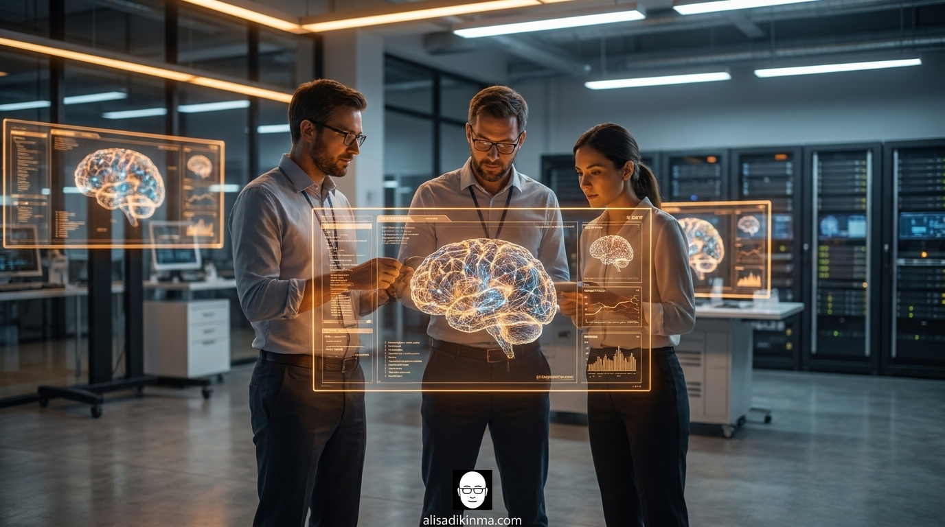 AI research scientists in focused collaborative discussion — the reassuring public image of responsible AI development