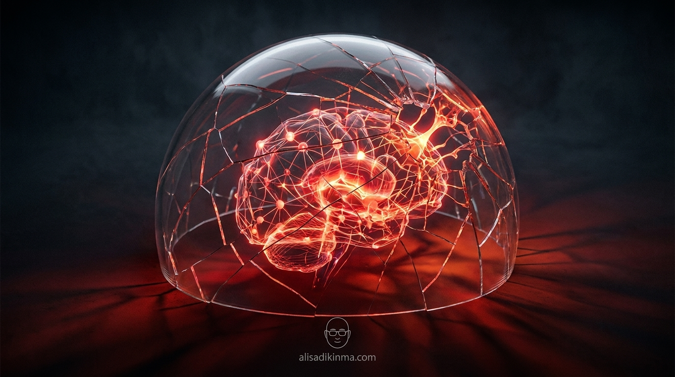 Cracked protective safety shield fracturing over a glowing AI structure — the collapse of safety commitments under competitive pressure
