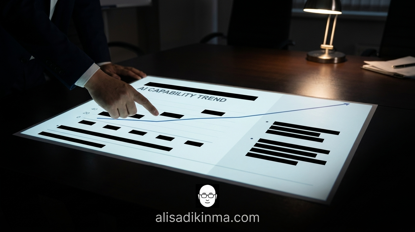 Classified executive briefing with redacted sections and off-chart AI capability trend lines — the hidden scale of AI advancement