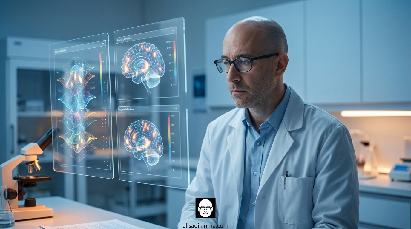 A researcher in a clean modern lab studying layered data visualizations on transparent screens — scientific precision meeting an unanswerable question