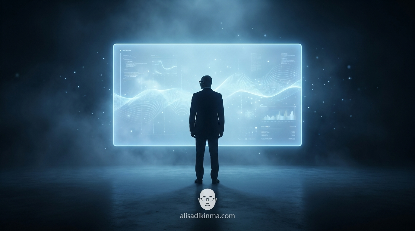 A lone human silhouette standing before a vast glowing AI interface — the scale difference illustrating how small our certainty feels against the unknown