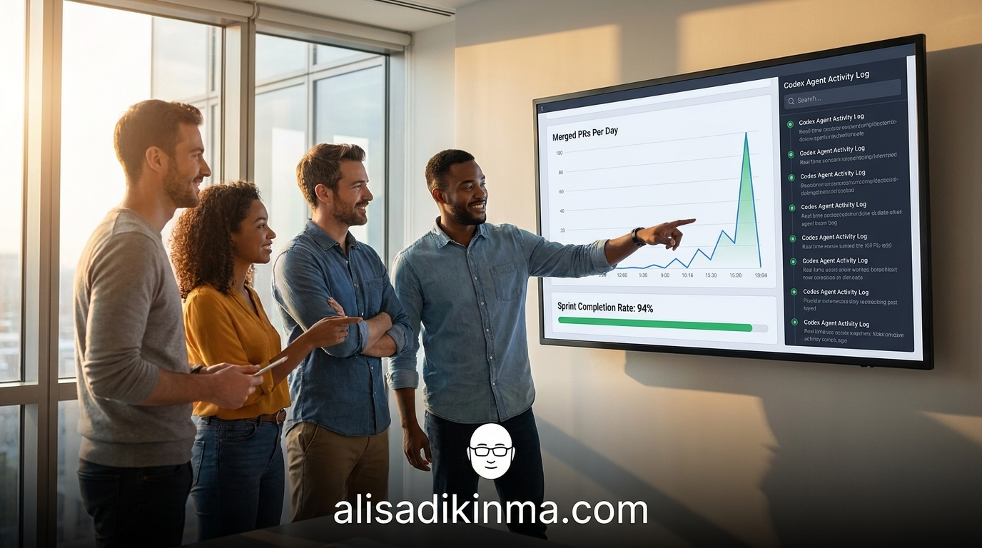 Three engineers in a modern open-plan office reviewing a wall-mounted monitor showing PR velocity metrics and sprint completion rates powered by Codex