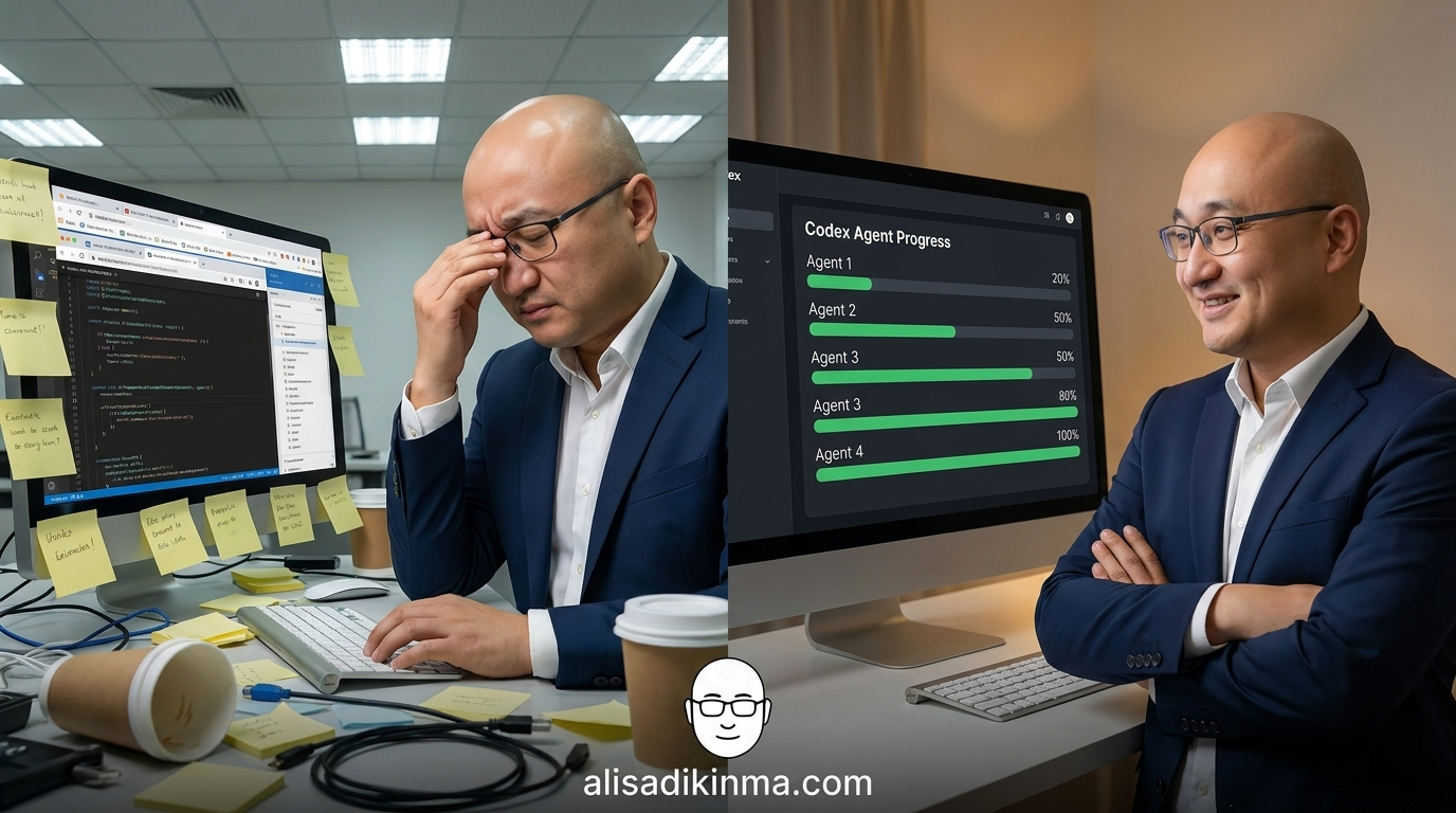 Split-panel contrast: overwhelmed developer buried in sticky notes and browser tabs on left, versus clean Codex task queue dashboard with parallel progress bars on right