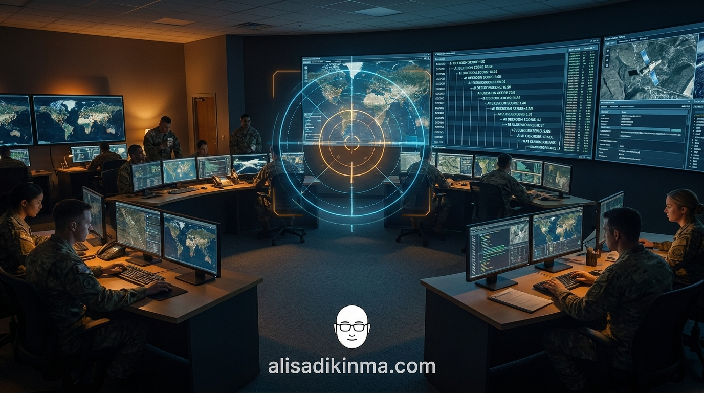 Military command center with black-box AI targeting overlay — analysts at screens with holographic data streams, one screen displaying an AI decision interface with no explainable logic trail, symbolizing the unauditable nature of autonomous targeting