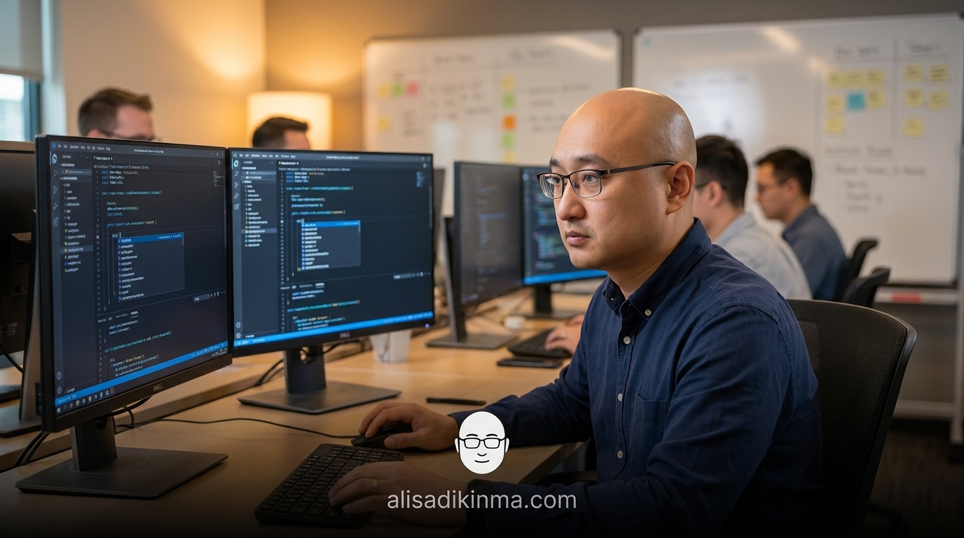 Developer in modern open-plan office with warm amber lighting, multiple ultrawide monitors showing dark code editor with blue AI suggestions highlighted, focused face, shallow depth of field blurring background colleagues.