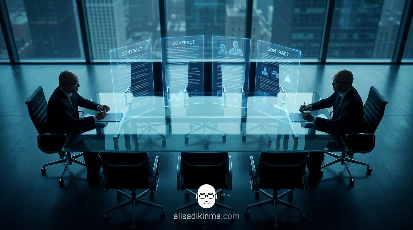 High-angle corporate boardroom with two silhouetted executives at opposite ends of a long glass table, cool blue-teal ambient lighting, translucent holographic deal documents floating above the table.