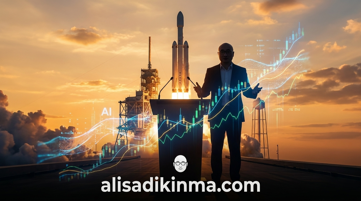 Silhouetted visionary executive at podium against illuminated rocket launch facility at golden hour, abstract AI data streams and financial chart lines glowing and flowing around the figure.