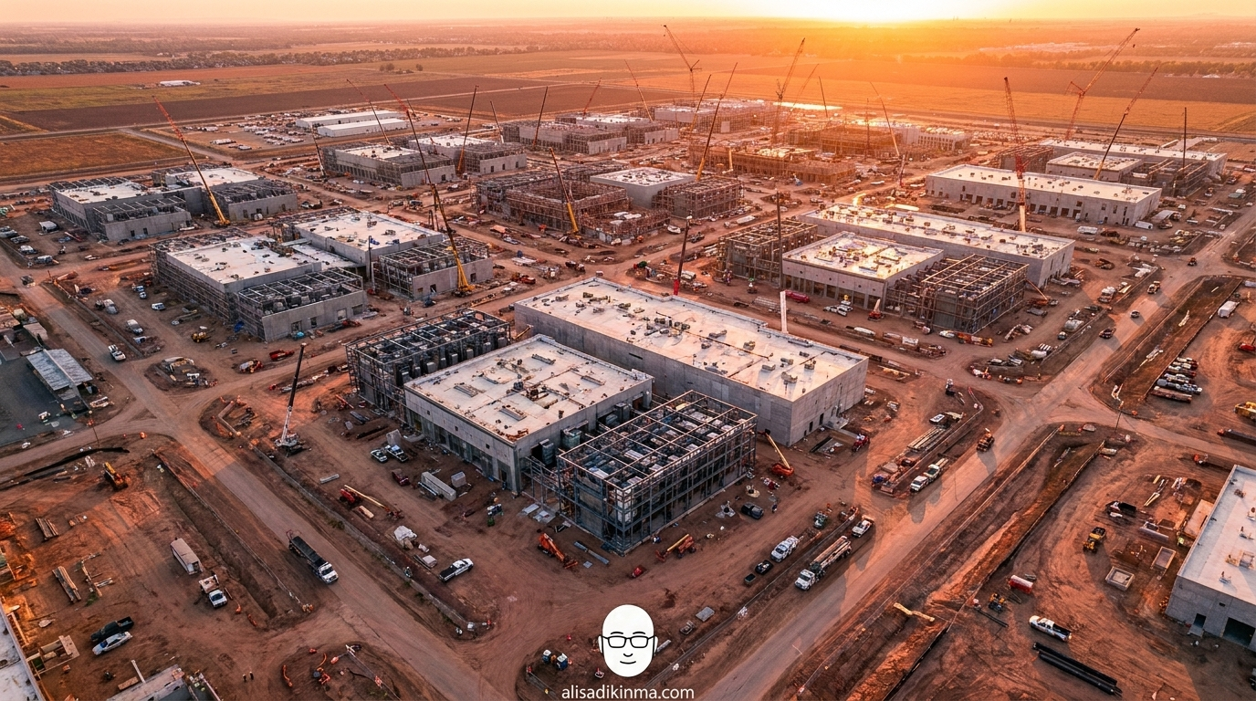 Massive data center construction from aerial view at golden hour — conveys the industrial scale of the AI infrastructure bet being placed globally