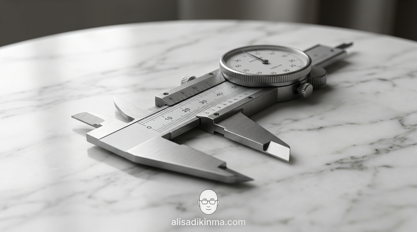 Precision calibration instrument on clean surface — metaphor for measured, evidence-based thinking versus speculation-driven investment
