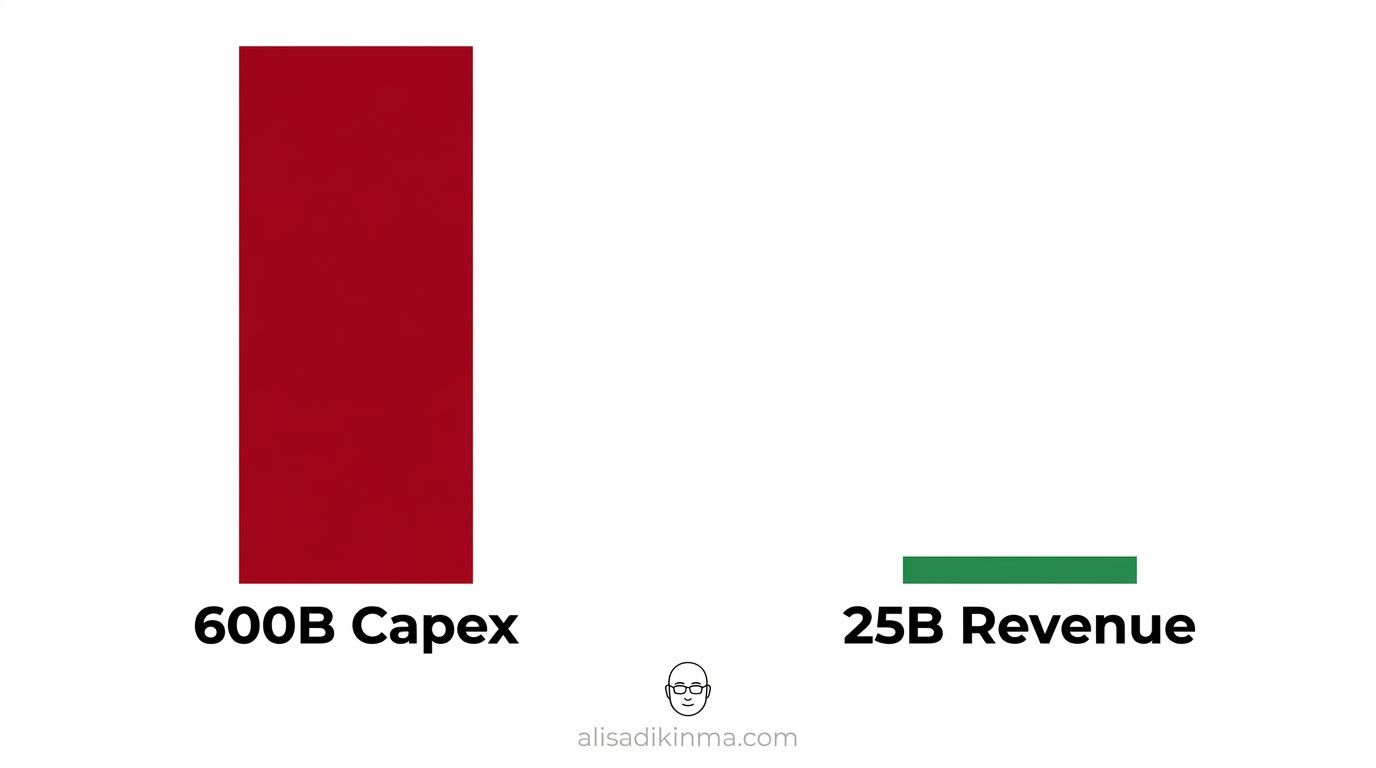 Two bar chart bars side by side — one massive labeled 600B capex, one tiny labeled 25B revenue — visual representation of the AI demand gap