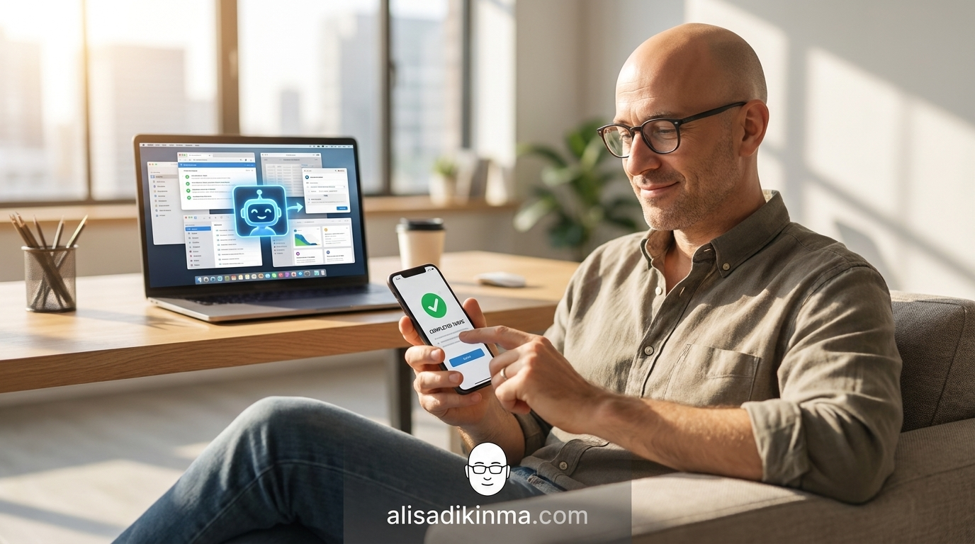 A confident professional checking Claude\'s results on their phone while the AI completes 5 tasks in parallel on a laptop