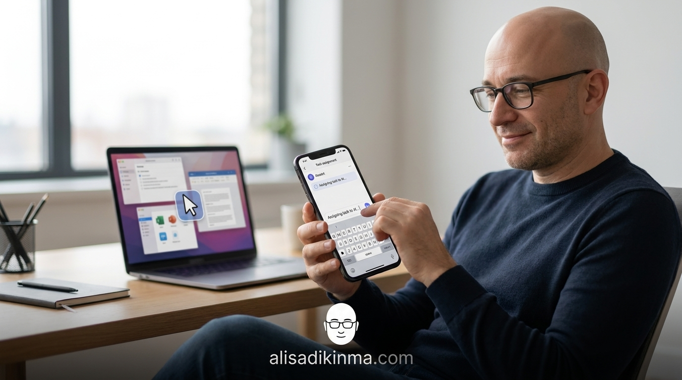 Someone relaxed using Dispatch on their smartphone to assign a task to Claude working on a laptop in the background