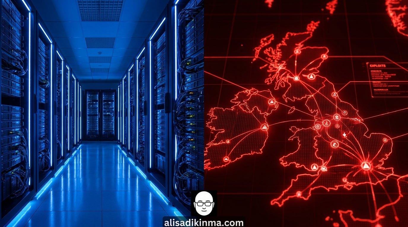 Split scene showing the stark gap between secure bank servers and active exploit networks — visualizes the regulatory blind spot