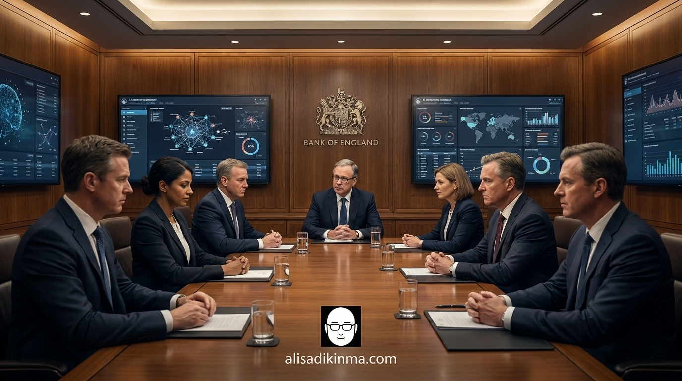 High-stakes boardroom where bank and regulator officials assess AI dashboards — communicates the controlled, serious environment where Mythos decisions are being made