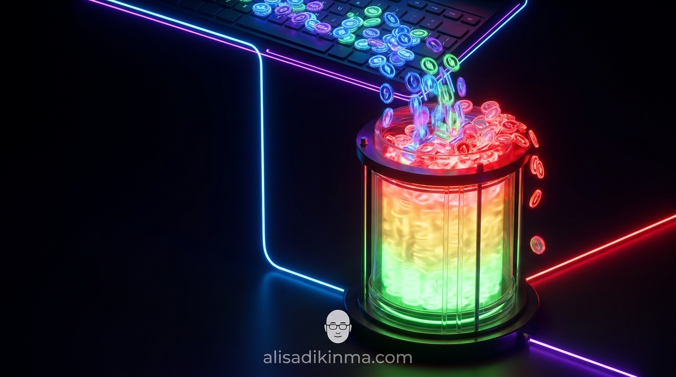 Abstract visualization of token consumption as a waterfall — tokens pouring from a keyboard into an escalating cost meter shifting from green to red