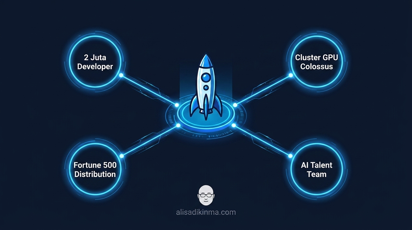 Strategic network diagram: SpaceX at center connected to 4 acquisition drivers — 2M developers, Colossus GPU cluster, Fortune 500 distribution, founding team talent
