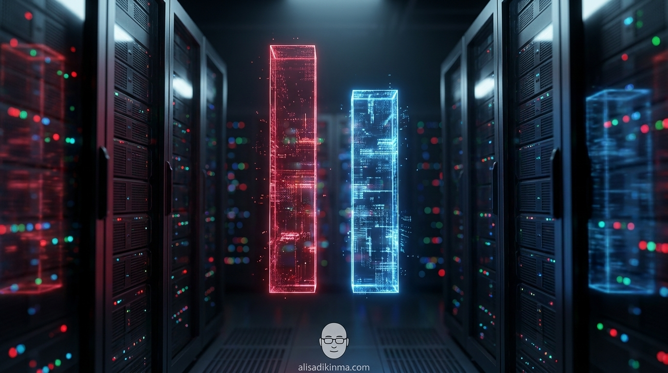 Abstract benchmark comparison visualization — two sets of photorealistic glowing data bars, deep red bar (Chinese model) fractionally taller than cool blue bar (US model), dramatic data center backdrop with server rack bokeh, cinematic lighting, no readable text