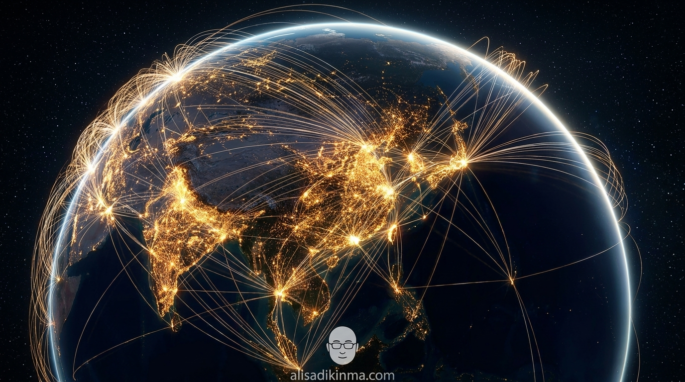 Photorealistic globe with glowing fiber-optic data connection lines radiating outward from East Asia across all continents — deep space background, warm gold and cool blue contrast, dramatic cinematic lighting, no text, resolution and strategic insight mood