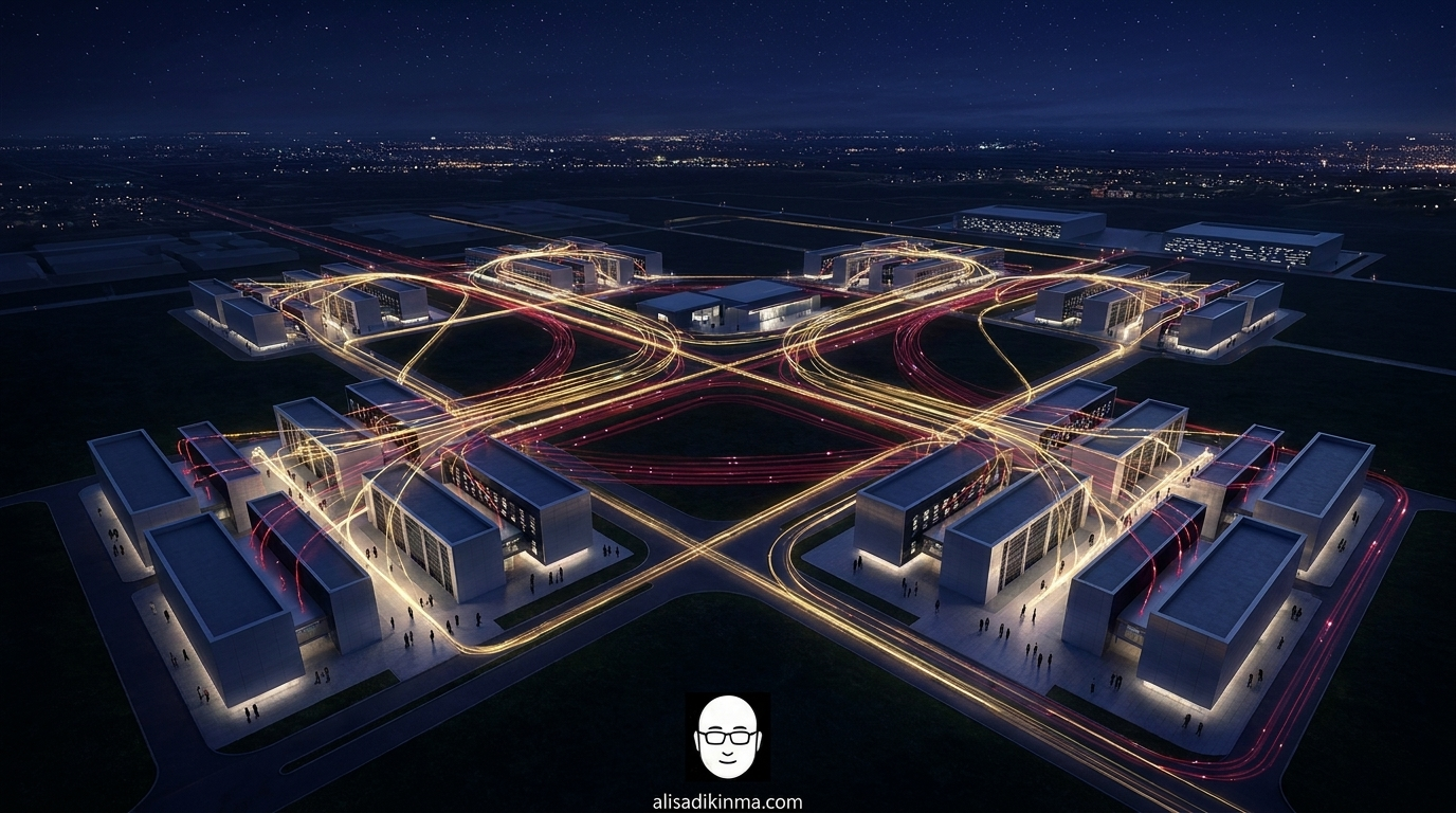 Futuristic AI research campus at night — geometric data centers connected by gold and red fiber-optic neural pathways, small human figures for scale, cinematic aerial wide shot conveying the scale and sophistication of the technology