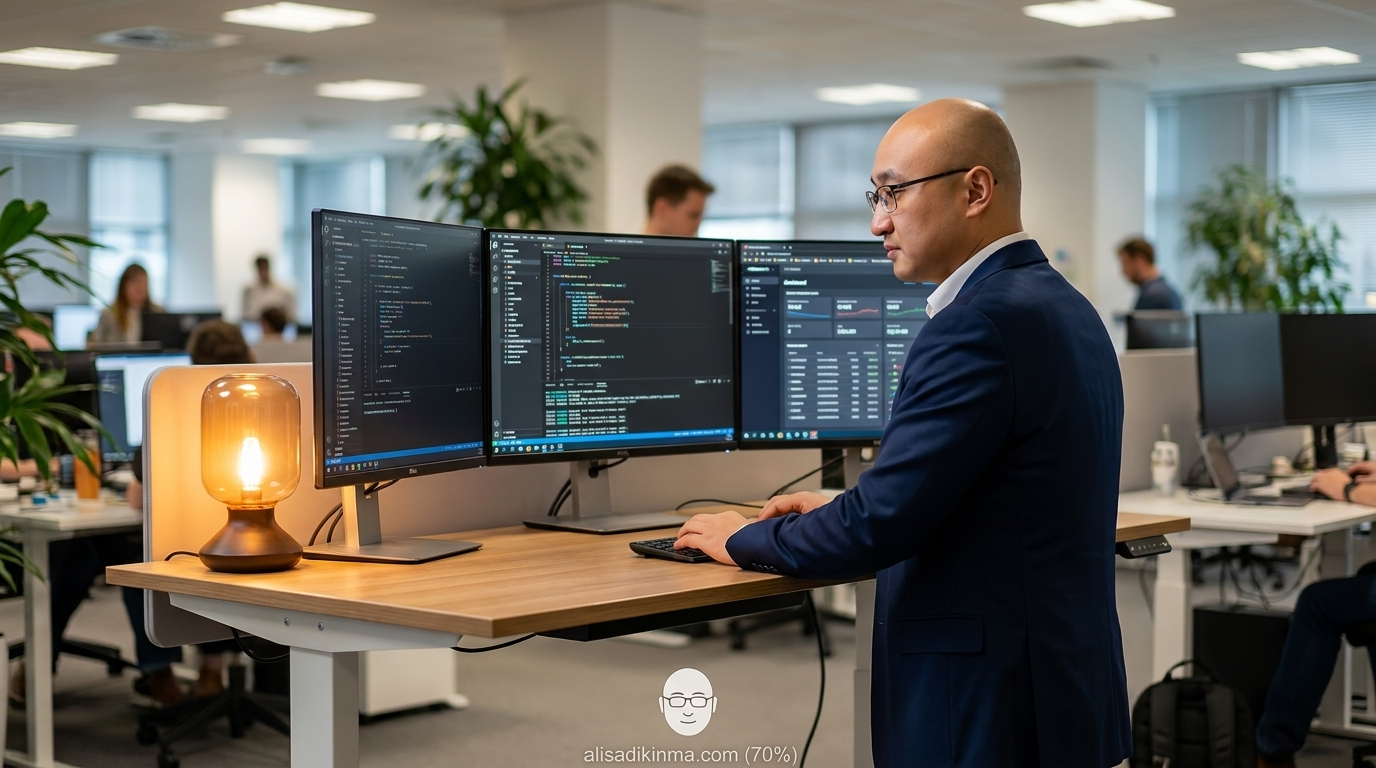 Developer at standing desk with multiple screens showing code interfaces and AI dashboards — warm amber ambient office lighting, shallow depth of field with bokeh background, photorealistic, no readable text on screens, practical empowerment mood