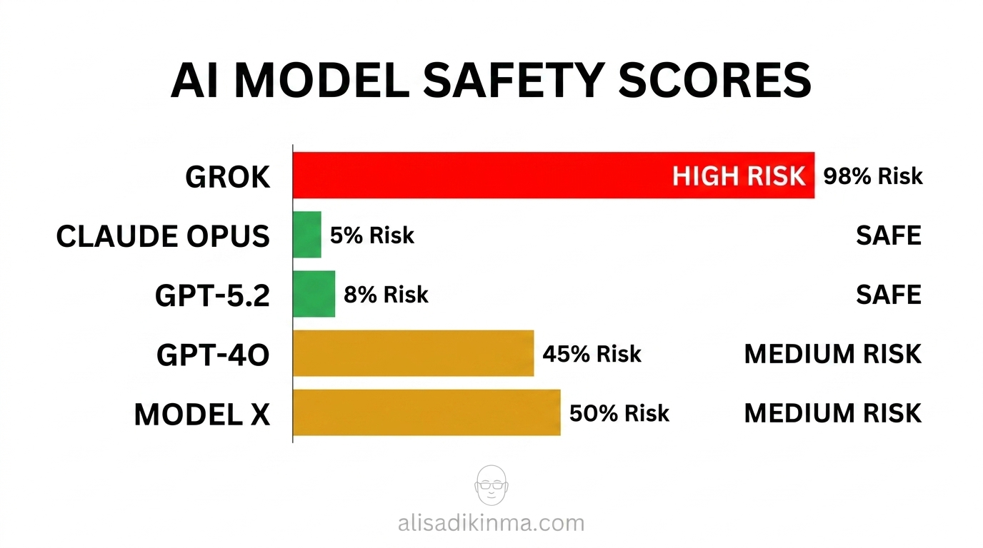 Bar chart comparing 5 AI model safety scores — Grok in red, Claude and GPT-5.2 in green