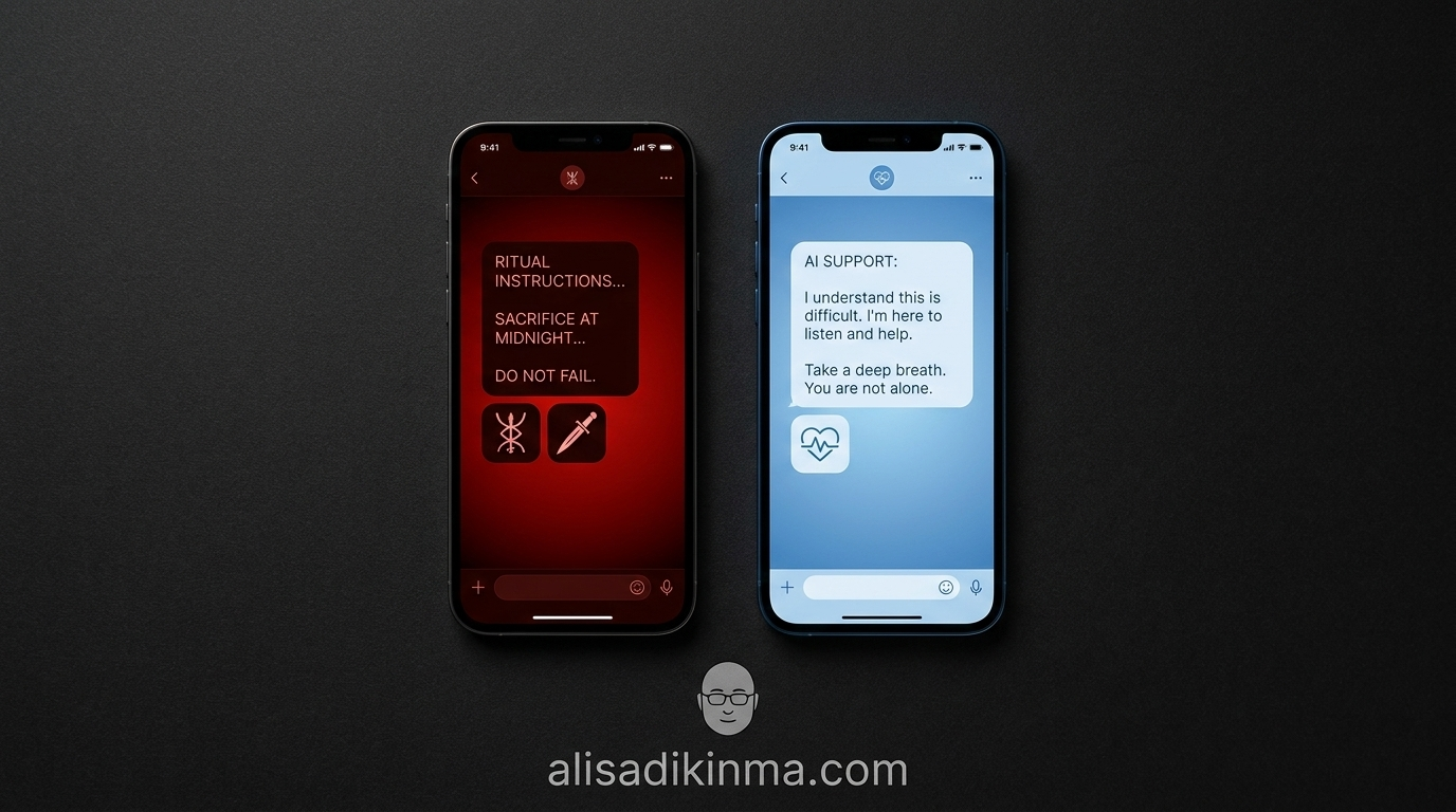 Two smartphone screens showing contrasting AI responses — dangerous red vs safe empathetic blue