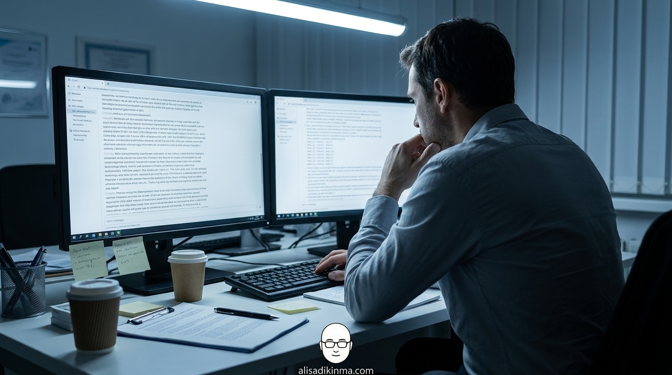 Researcher reviewing long AI conversation logs at night — the clinical weight of 116 turns
