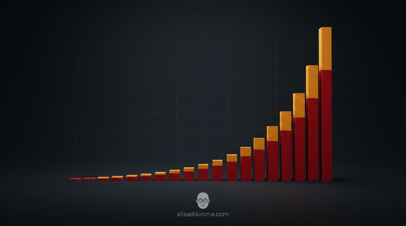 Abstract data surge — a steep exponential graph in red and amber segments rising dramatically, communicating the shocking industrial scale of the image generation event against a dark background