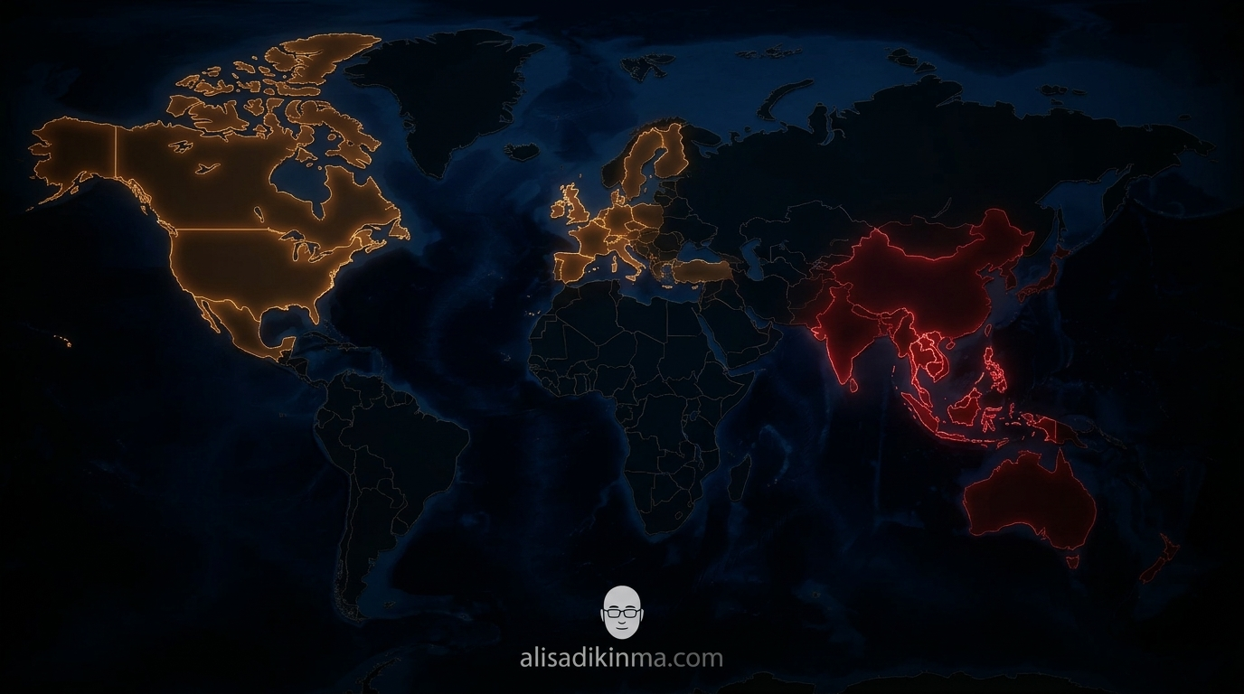 Global regulatory response — world map with Southeast Asian countries glowing red (bans), European and North American countries in amber (investigations), symbolizing the worldwide ripple effect