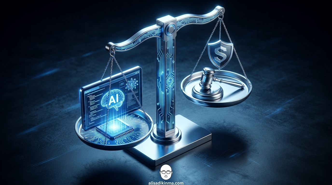 Digital scales of justice — one side holding a glowing AI screen, other side holding a gavel and shield, slightly unbalanced suggesting justice still in progress, cool blue tones implying cautious hope