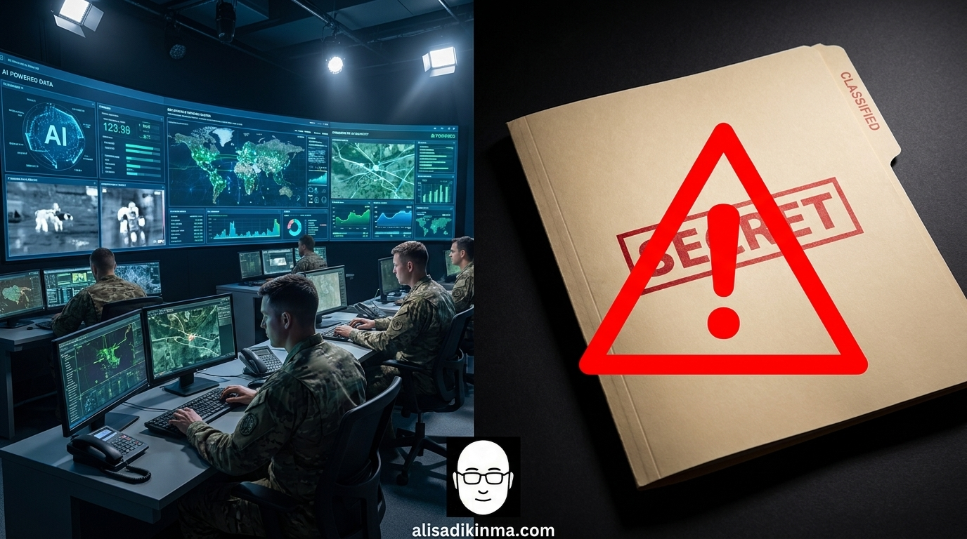 Split composition showing official narrative (military command center) vs. reality (classified warning signals)