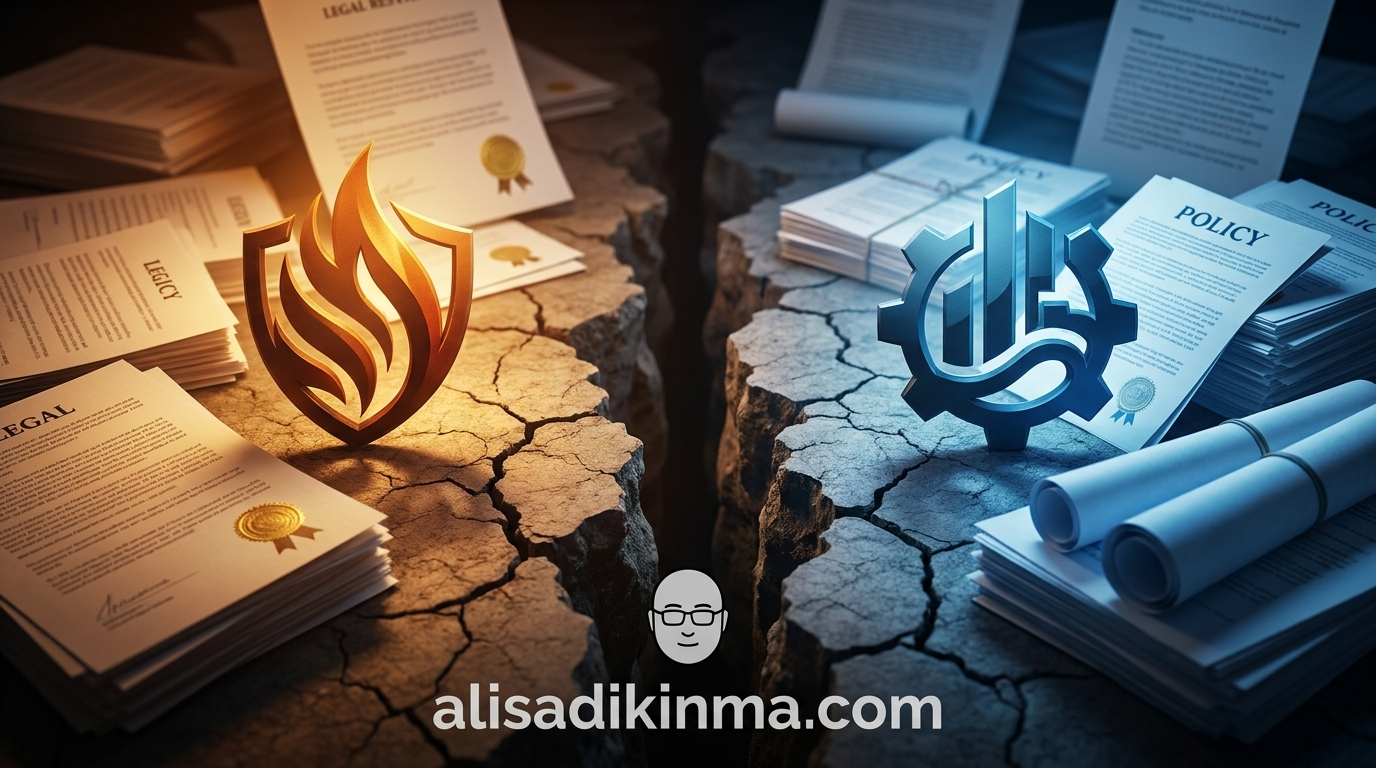 AI industry divide — two opposing sides separated by a literal crack in the ground, representing the values split on all lawful use standard