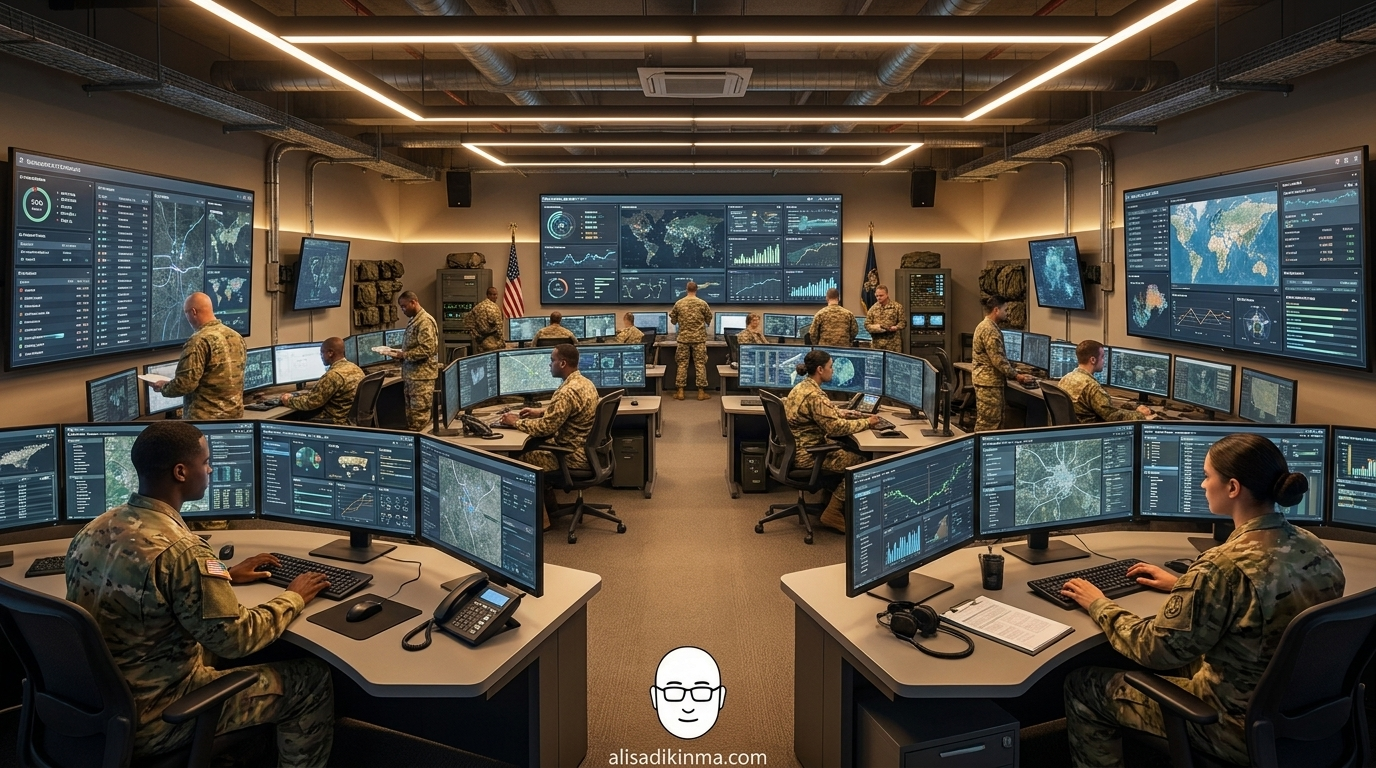 Futuristic military AI command center representing real-world implications of commercial AI in classified defense systems