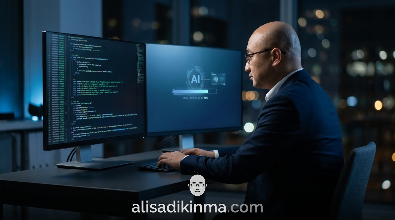Solo developer at workstation with terminal open and AI overlay, autonomous code execution atmosphere