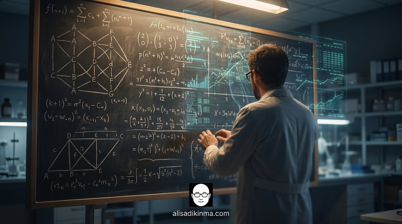 Research scientist at whiteboard filled with equations, AI holographic collaboration overlay, sense of mathematical discovery