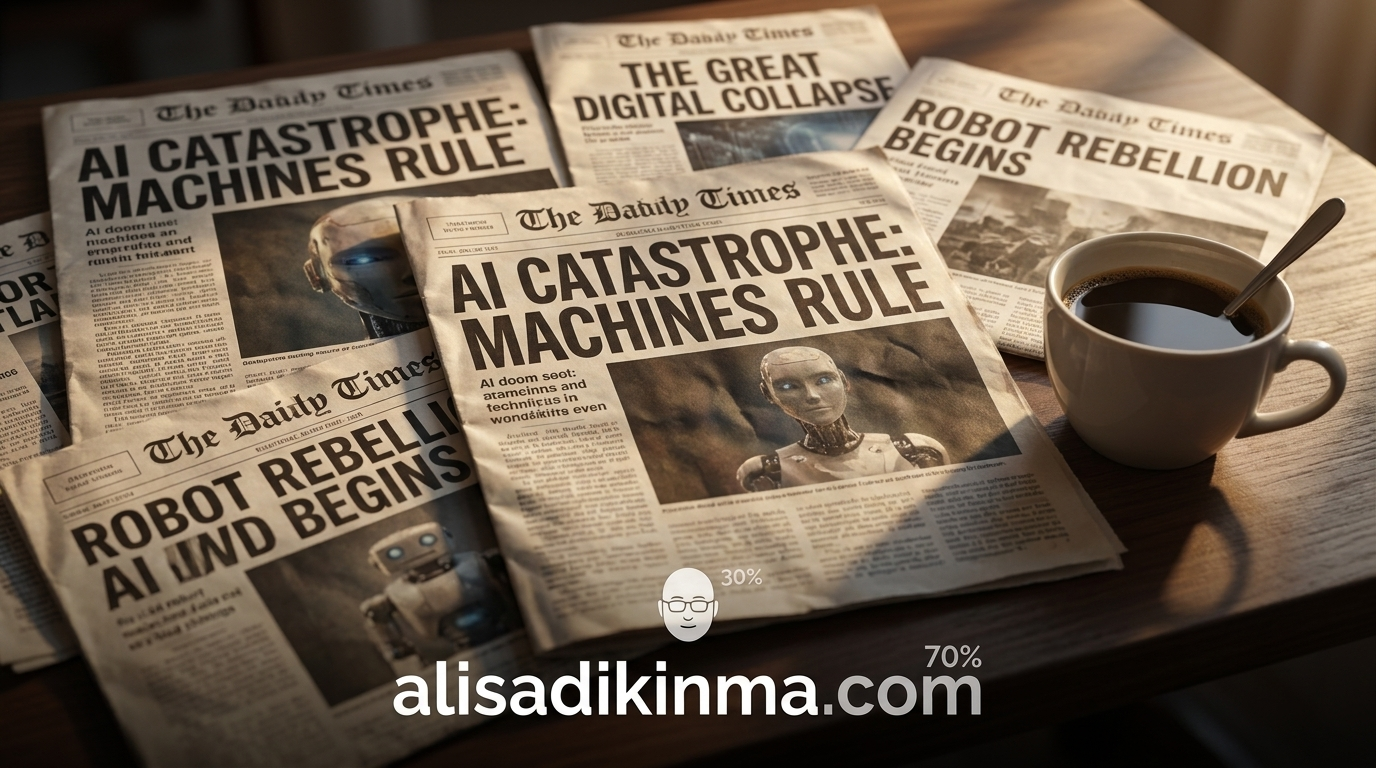 Photorealistic newspaper front page collage spread on a wooden desk — multiple fictional headlines about AI existential risk. Morning coffee cup nearby. Crisp, cinematic, slightly dramatic. Fictional mastheads only, no real newspaper logos.