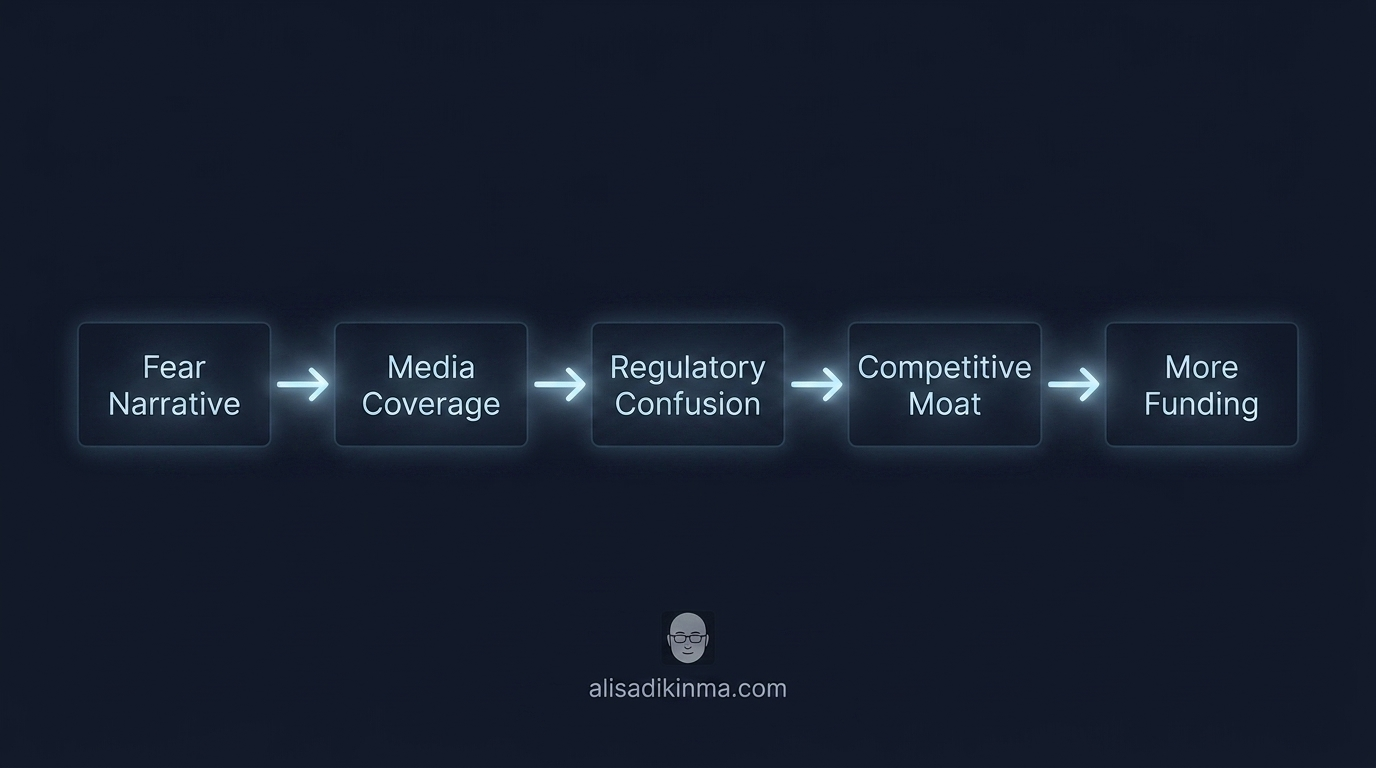 Clean dark infographic-style visualization showing the fear-to-funding pipeline flowchart: Fear Narrative -> Media Coverage -> Regulatory Confusion -> Competitive Moat -> More Funding. Minimalist, data-driven aesthetic. No real company logos.